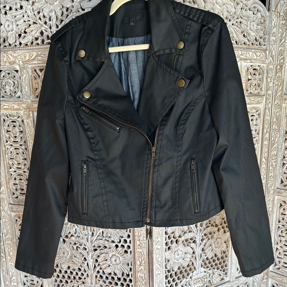 Black Faux Leather Jacket. Size large cropped jacket- fits like an 8-10.